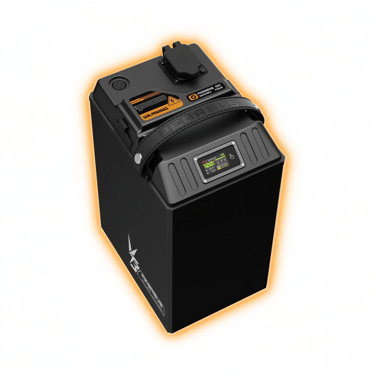 VTB Pegasus 96V 56Ah Ultra Bee battery, front view with top display and carry strap