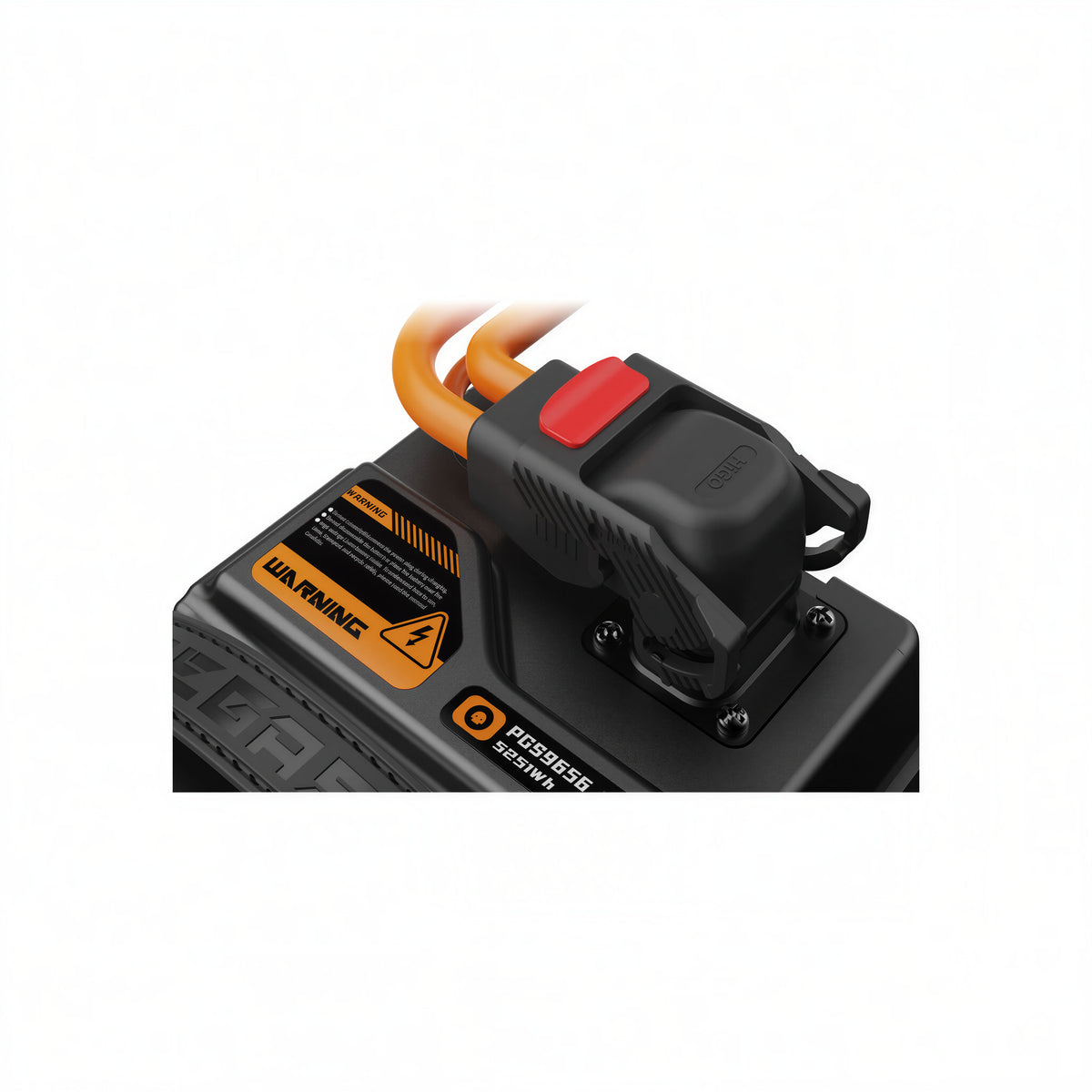 Close-up of the VTB Pegasus battery discharge connector with orange power cables and red release latch