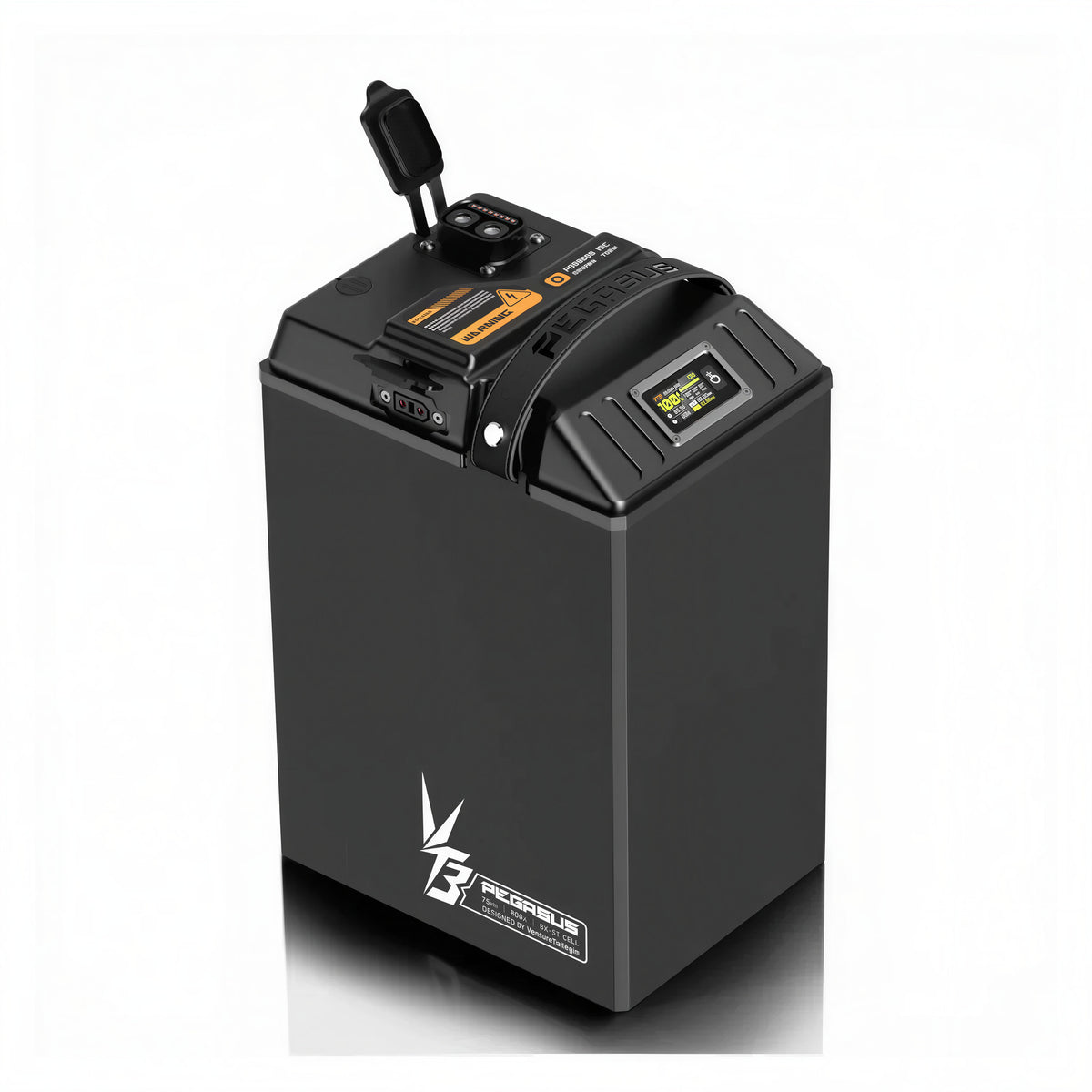 VTB Pegasus 96V 56Ah battery for Sur Ron Ultra Bee, side view with discharge port cap open