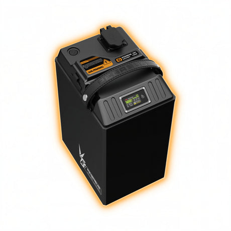 VTB Pegasus 96V 56Ah Ultra Bee battery, front view with top display and carry strap