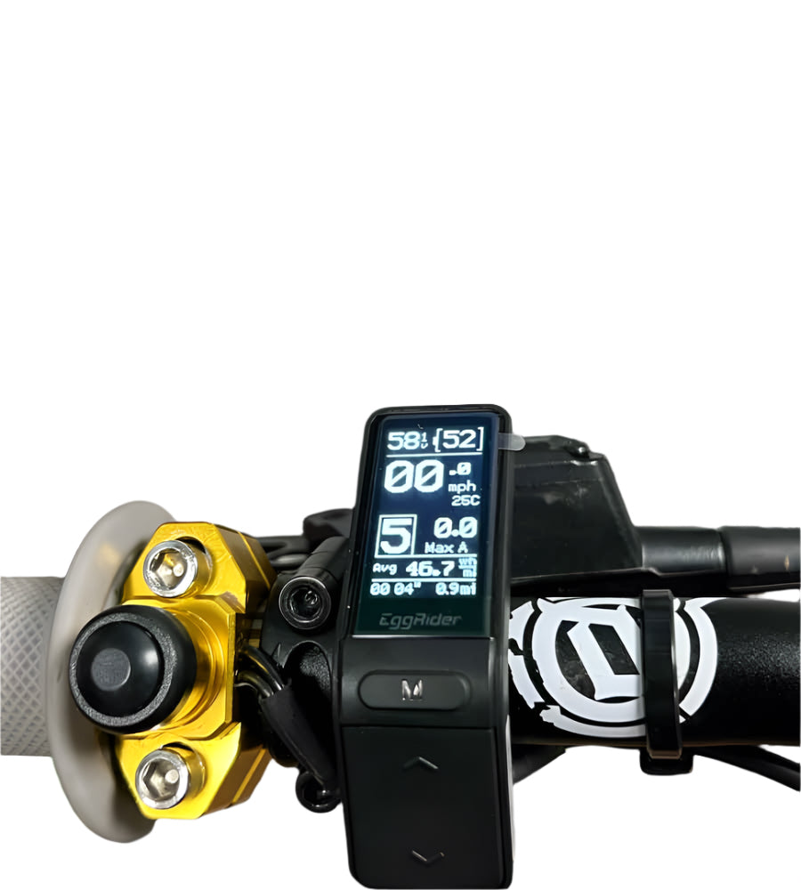 EggRider V2 display fitted to Sur-Ron Light Bee handlebar, powered on