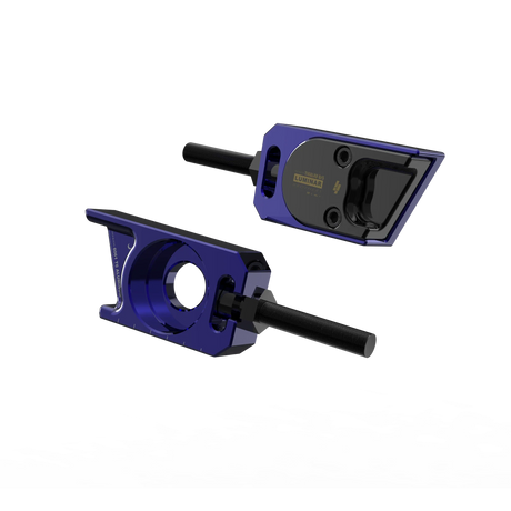IZI Brothers axle blocks for Sur-Ron Light Bee swingarm - blue exterior front view