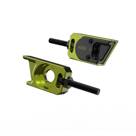 IZI Brothers axle blocks for Sur-Ron Light Bee swingarm - green exterior front view