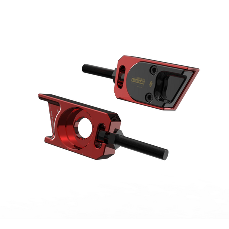 IZI Brothers axle blocks for Sur-Ron Light Bee swingarm - red exterior front view of both pieces