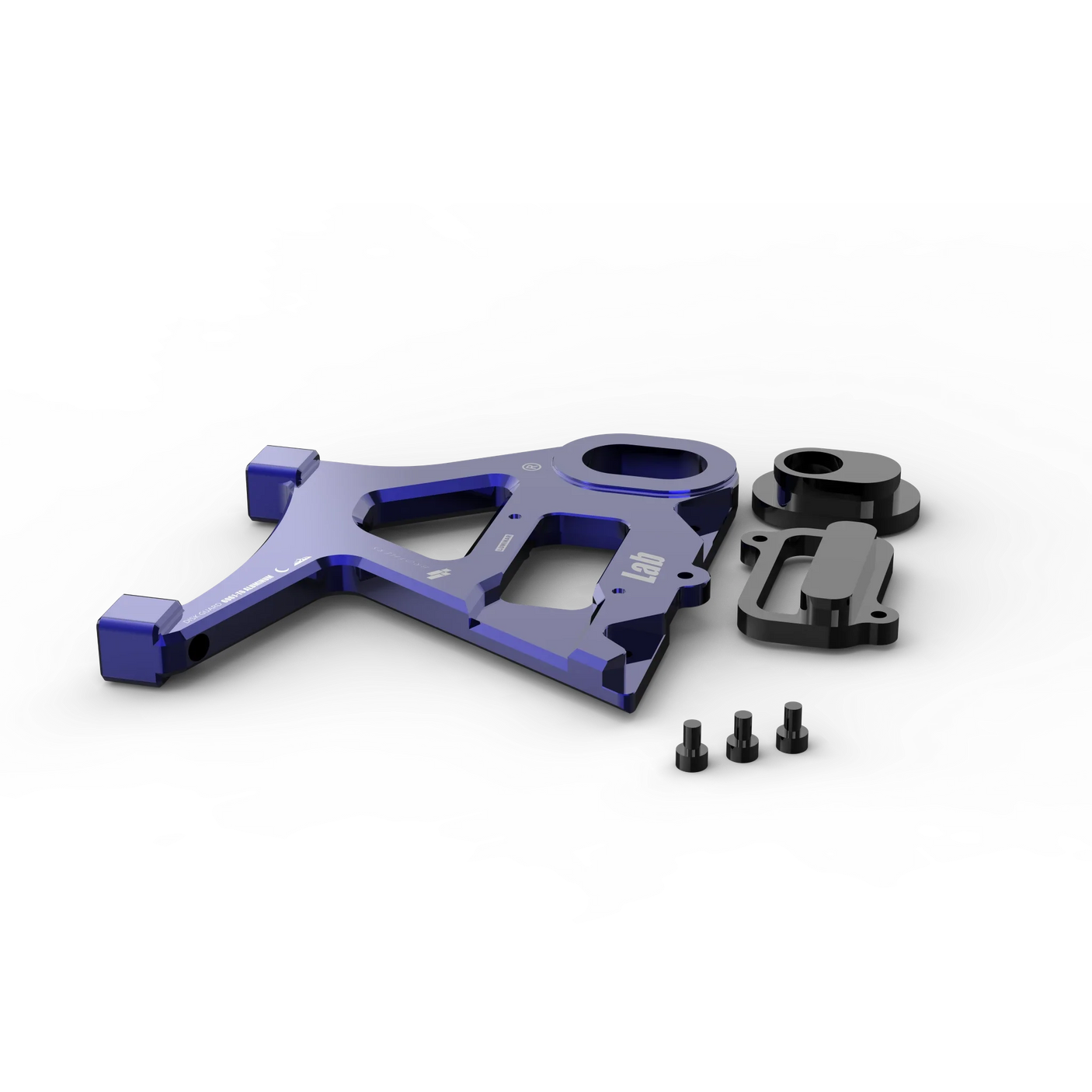 IZI Brothers caliper mount for Sur-Ron Light Bee swingarm - blue top-down exploded exterior view