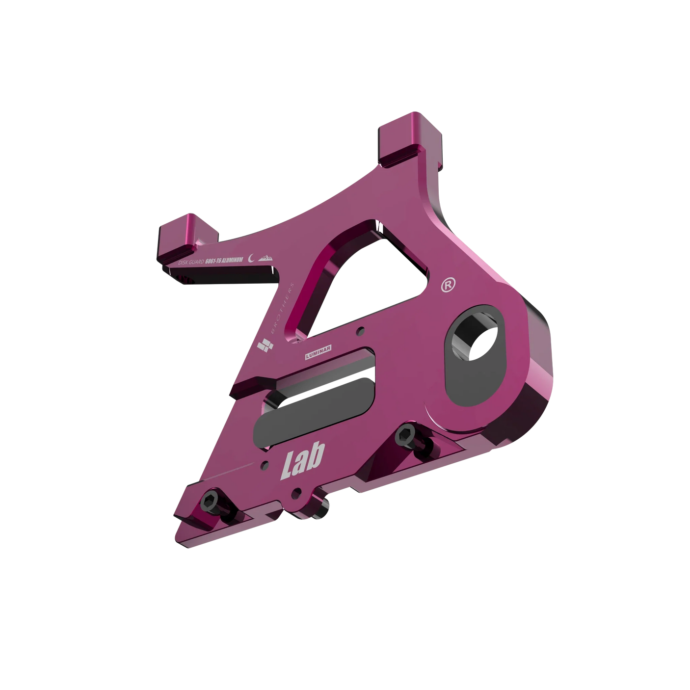 IZI Brothers caliper mount for Sur-Ron Light Bee swingarm - pink 3/4 exterior side view