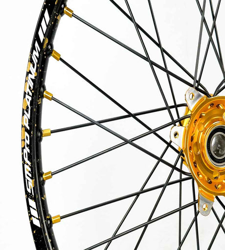 SM Pro Ultra Bee Wheels – Splatterkote Black with Gold Splatter and Matte Spokes - EVFREAKSSM Pro Ultra Bee Wheels – Splatterkote Black with Gold Splatter and Matte Spokes