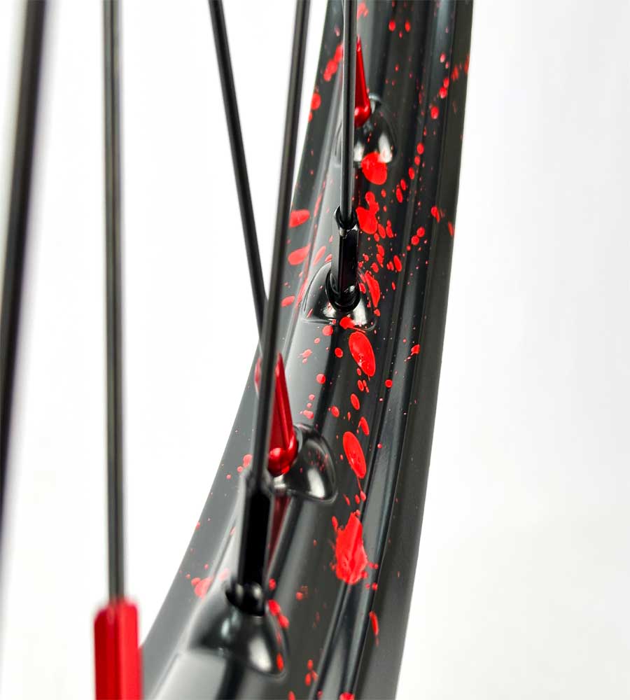 SM Pro Ultra Bee Wheels – Splatterkote Black With Red Splatter and Matte Spokes - EVFREAKSSM Pro Ultra Bee Wheels – Splatterkote Black With Red Splatter and Matte Spokes