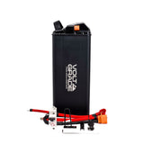 Side view of the VoltGrade Sur Ron Light Bee 81v 45ah battery upgrade with power harness and breaker full kit